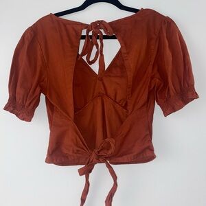 Abercrombie Burnt Orange Puff Sleeve Tie Back Top